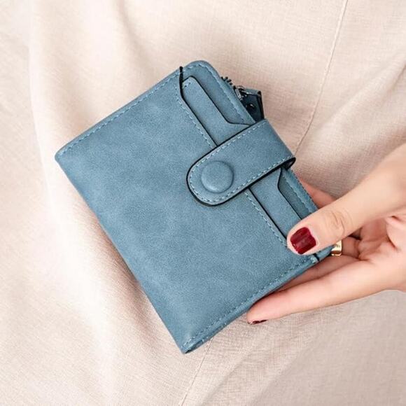 Women's Leather Wallet RFID Blocking Bifold Zipper Coin Pocket ID Window Blue - Picture 3 of 7